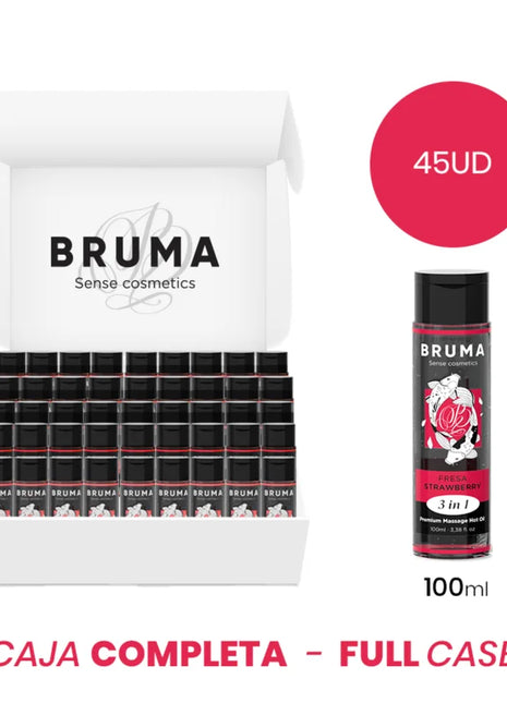 Eine elegante schwarze und rote flasche bruma sense cosmetics 3-in-1 premium massageöl mit wärmeeffekt und erdbeergeschmack