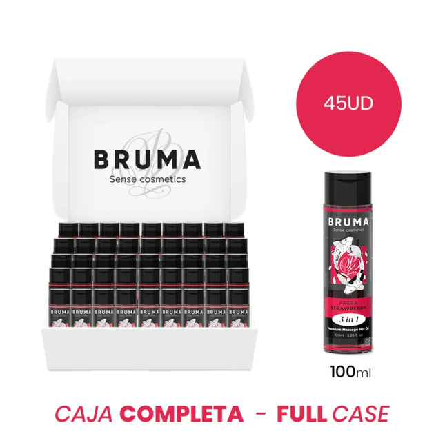 Eine elegante schwarze und rote flasche bruma sense cosmetics 3-in-1 premium massageöl mit wärmeeffekt und erdbeergeschmack