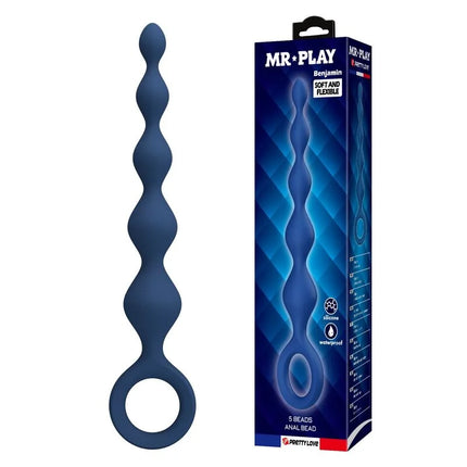 Blaue silikon-analkugeln mit fünf perlen und ringbasis in abgestuftem design von mr play analplug blau