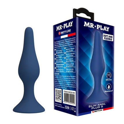 Mr play blauer silikon slim anal plug mit schlankem, konischem design und rundem sockel in größe s