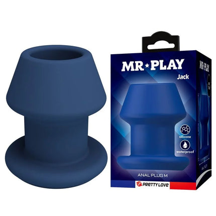 Mr play jack blue silikon-holz-analplug größe m mit jack hollow silicone für sicheren halt und hollow silicone anal