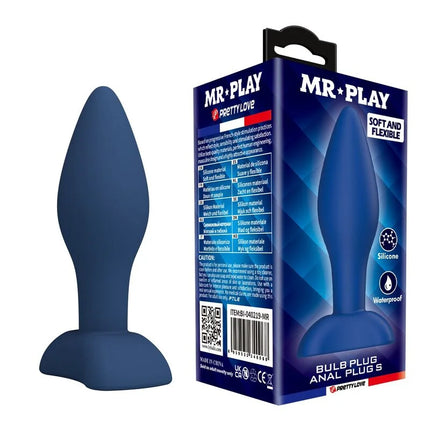 Navyblauer silikontropfen konischer analplug größe s in mr play box für play tapered anal verwendet