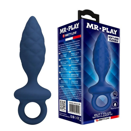 Navyblauer mr play analplug mit strukturierter oberfläche und ring aus flexiblem premium-silikon