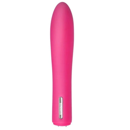 Ein pinker silikone magic stick rabbit vibrator mit glattem, konischem design und sinnisschriftzug am silberakzent