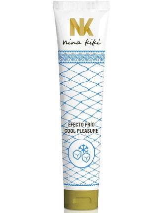 Weiße tube nina kiki cool pleasure body lotion mit blauem geometrischem muster und goldenem deckel 125 ml gleitmittel mit kühleffekt