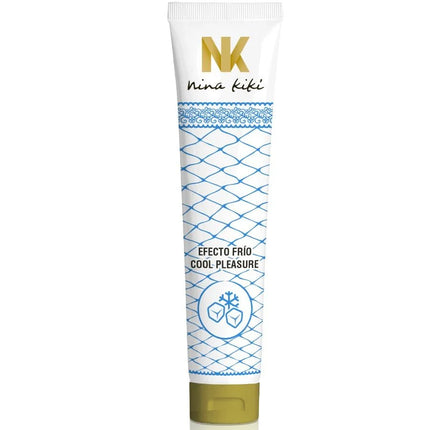 Weiße tube nina kiki cool pleasure body lotion mit blauem geometrischem muster und goldenem deckel 125 ml gleitmittel mit kühleffekt