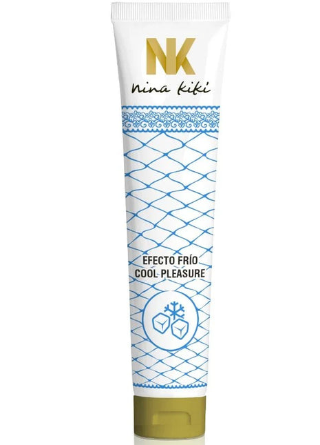 Weiße tube nina kiki cool pleasure body lotion mit blauem geometrischem muster und goldenem deckel 125 ml gleitmittel mit kühleffekt