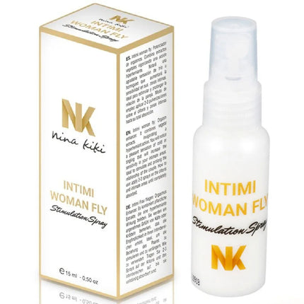 Weiße kunststoff-sprühflasche mit gold und schwarzem text, intimi woman fly stimulation spray von nina kiki