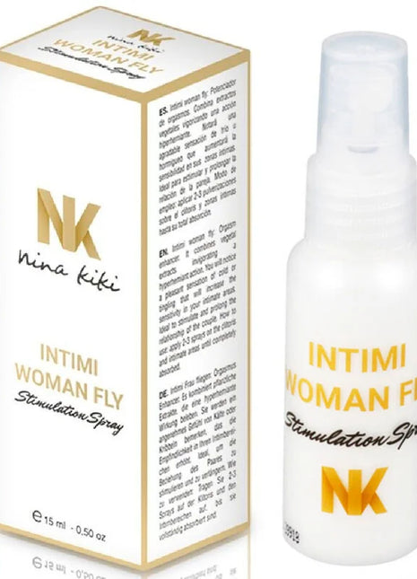 Weiße kunststoff-sprühflasche mit gold und schwarzem text, intimi woman fly stimulation spray von nina kiki