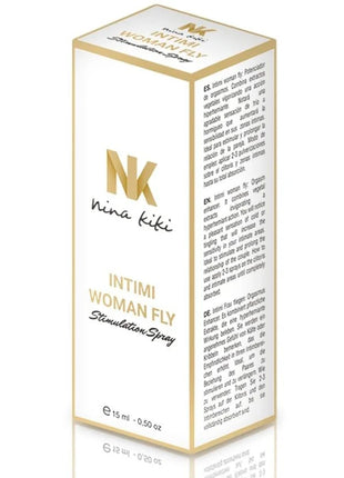 Weiße rechteckige box mit goldener beschriftung und rand von nina kiki intimi womanfly stimulierungsspray