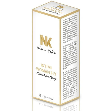 Weiße rechteckige box mit goldener beschriftung und rand von nina kiki intimi womanfly stimulierungsspray