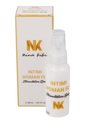 Weiße kunststoffsprühflasche mit goldener beschriftung und klarem aufsatz intimi woman fl stimulation spray von nina kiki