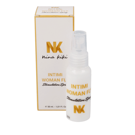 Weiße kunststoffsprühflasche mit goldener beschriftung und klarem aufsatz intimi woman fl stimulation spray von nina kiki