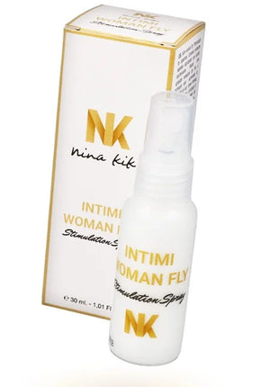 Weiße plastik-sprühflasche mit goldener schrift und klarem düsenverschluss von nina kik intimi woman fly stimulation spray
