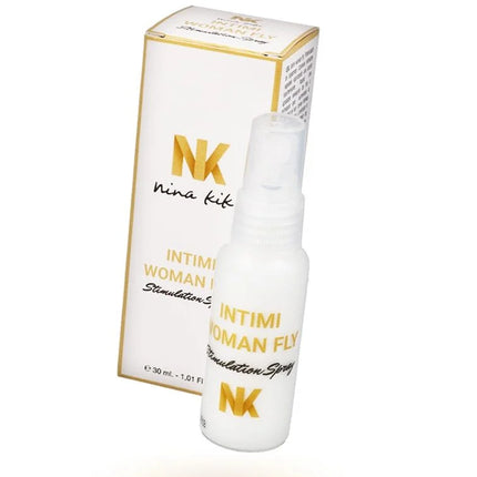 Weiße plastik-sprühflasche mit goldener schrift und klarem düsenverschluss von nina kik intimi woman fly stimulation spray