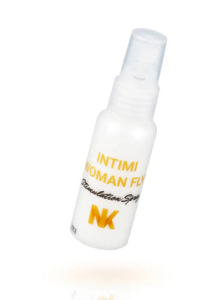 Weiße plastik-sprühflasche mit gelbem text und logo für nina kikí intimi womanfly female orgasm enhancer