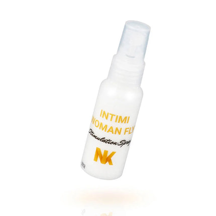 Weiße plastik-sprühflasche mit gelbem text und logo für nina kikí intimi womanfly female orgasm enhancer
