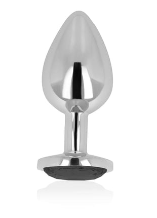 Silverplattierter analplug von ohmama mit schwarzem, strukturiertem griff und kristall, 8 cm lang