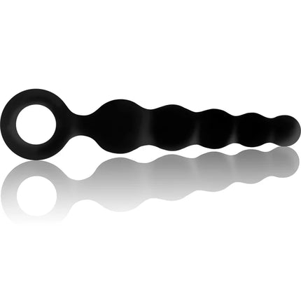 Ohmama analplug aus schwarzem silikon mit glatter, welliger form und ring am ende für einfachen griff