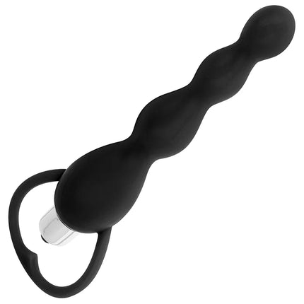Schwarzer ohmama analstimulator mit vibration aus silikon mit herzförmigem ring und klarem plastspitze