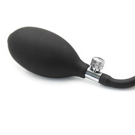 Ohmama aufblasbarer fetischdildo mit schwarzem gummiballon und silbernem metallventil und anschluss