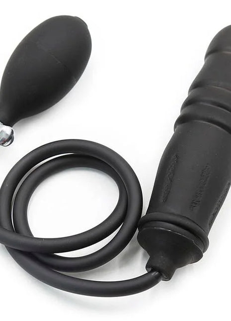 Schwarzer silikon aufblasbarer fetischdildo mit ballonpumpe und spiralschlauch von ohmama