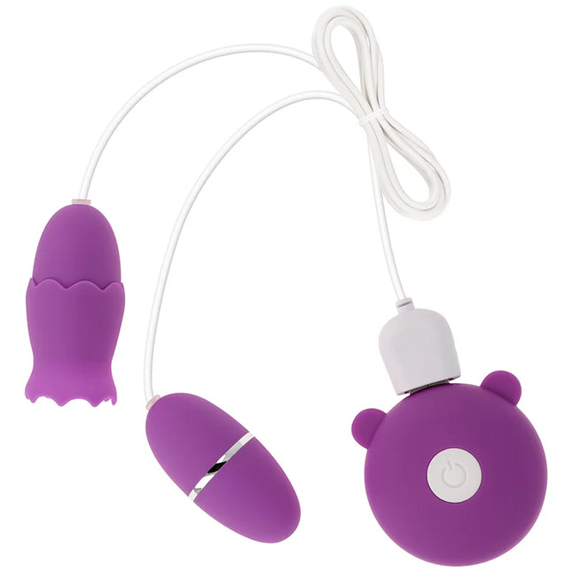 Lila silikonfernbedienung in bärenform mit weißem powerknopf und zwei verbundenen ei-vibrator für ohmama doppelstimulator