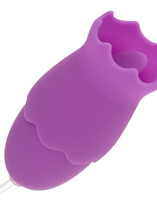 Ohmama doppelstimulator aus lila silikon in blumenform mit 10 vibrationsmodi und weißem ladekabel
