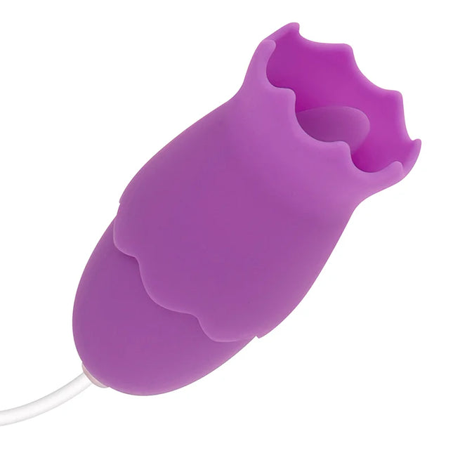 Ohmama doppelstimulator aus lila silikon in blumenform mit 10 vibrationsmodi und weißem ladekabel