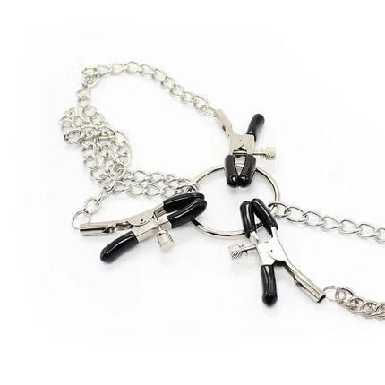 Ohmama fetish silberne metallkette mit drei schwarzen griffen an zentralem ring für nippelklammern