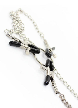 Silberne ohmama fetish 3 in 1 metall nippelklammern mit schwarzen spitzen und kette