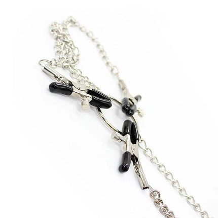 Silberne ohmama fetish 3 in 1 metall nippelklammern mit schwarzen spitzen und kette