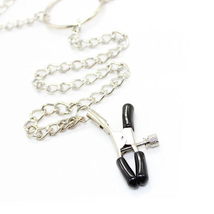 Ohmama fetish 3 in 1 metall nippelklammern mit silberner kette und schwarzen metallspitzen