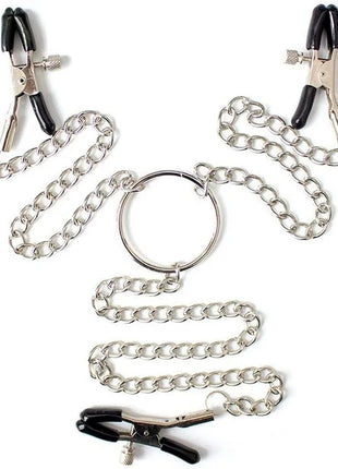 Set aus drei silbernen metallnippelklammern mit schwarzen griffen und verstellbaren schrauben von ohmama fetish