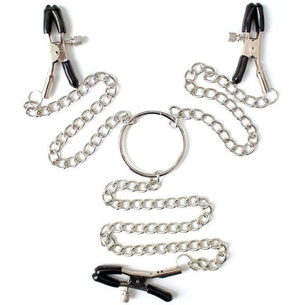 Set aus drei silbernen metallnippelklammern mit schwarzen griffen und verstellbaren schrauben von ohmama fetish