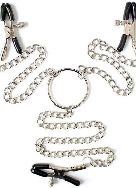 Set aus drei silbernen metallnippelklammern mit schwarzen griffen und verstellbaren schrauben von ohmama fetish