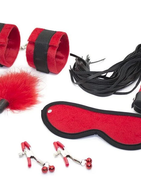 Ohmama fetish 5-teiliges bondage-set mit roten und schwarzen samt-handfesseln und metallverschluss