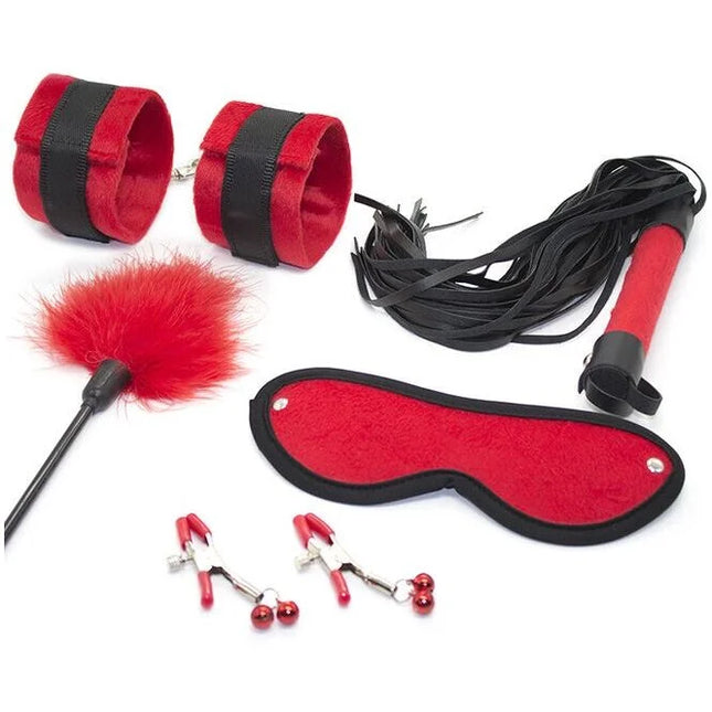 Ohmama fetish 5-teiliges bondage-set mit roten und schwarzen samt-handfesseln und metallverschluss