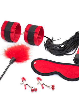Ohmama fetish rot schwarzes samt bondage-set mit federwedel, augenbinde, fesseln, flogger und klemmen