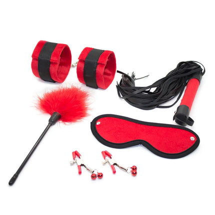 Ohmama fetish rot schwarzes samt bondage-set mit federwedel, augenbinde, fesseln, flogger und klemmen