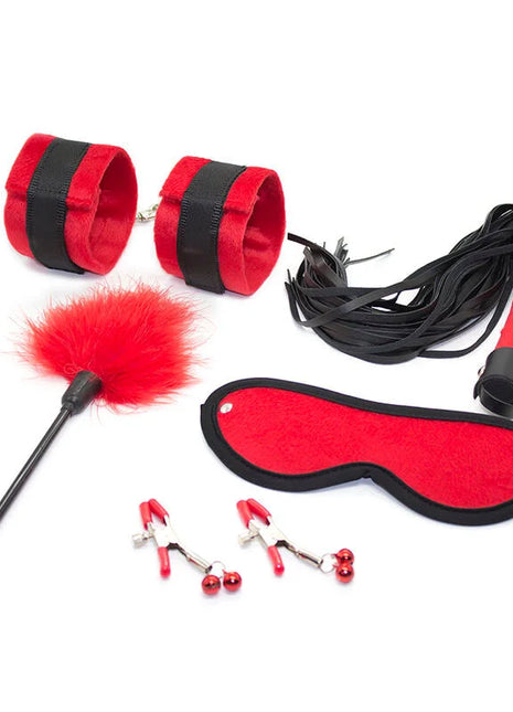 Ohmama fetish rot schwarzes samt bondage-set mit federwedel, augenbinde, fesseln, flogger und klemmen