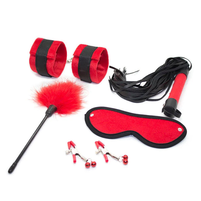 Ohmama fetish rot schwarzes samt bondage-set mit federwedel, augenbinde, fesseln, flogger und klemmen