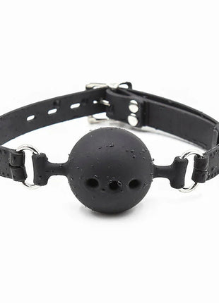 Schwarzer silikon ballknopf gag mit verstellbarem lederriemen und metallbeschlägen von ohmama fetish größe l