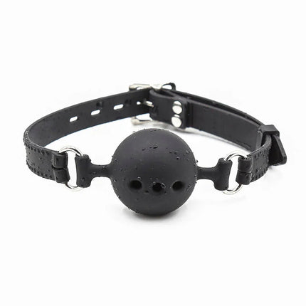 Schwarzer silikon ballknopf gag mit verstellbarem lederriemen und metallbeschlägen von ohmama fetish größe l