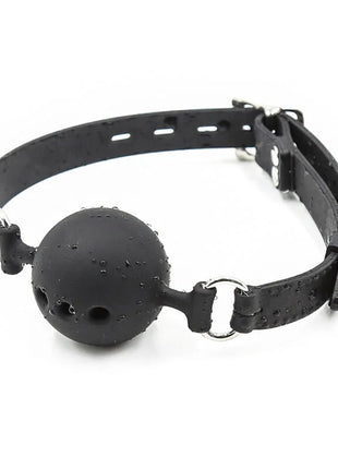 Schwarzer silikon ballknopf mit verstellbarem ledergurt und metallbeschlägen in größe l von ohmama fetish
