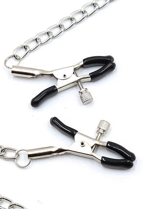 Ohmama Fetish silberne Kette mit schwarzen griffen und belüfteten Nippelklemmen für Fetischspiele
