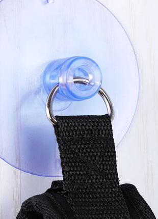 Ohmama fetish handgelenkfessel mit blau transparentem saugnapfhaken, silbernem metallring und schwarzem gewebtem riemen