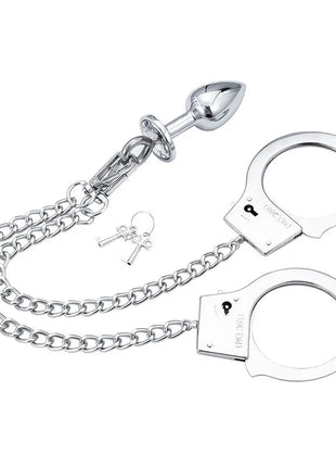 Ohmama fetish handschellen aus silbernem metall mit kettenglied und poliertem analstecker