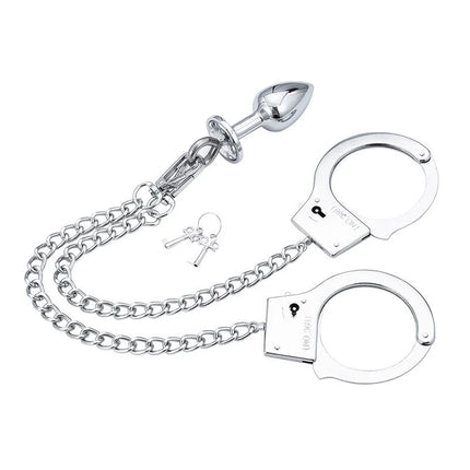 Ohmama fetish handschellen aus silbernem metall mit kettenglied und poliertem analstecker