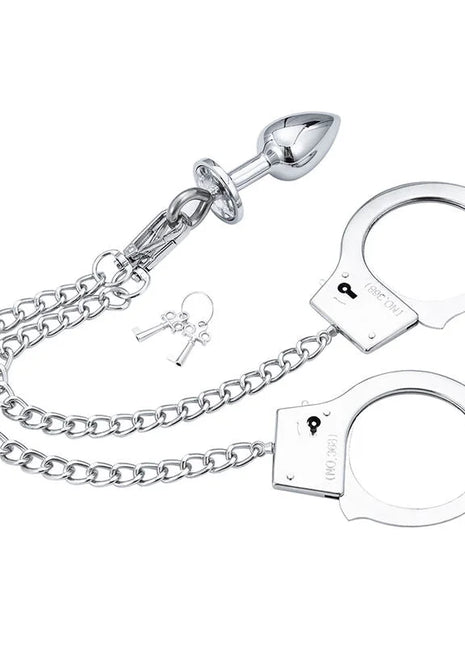 Ohmama fetish handschellen aus silbernem metall mit kettenglied und poliertem analstecker